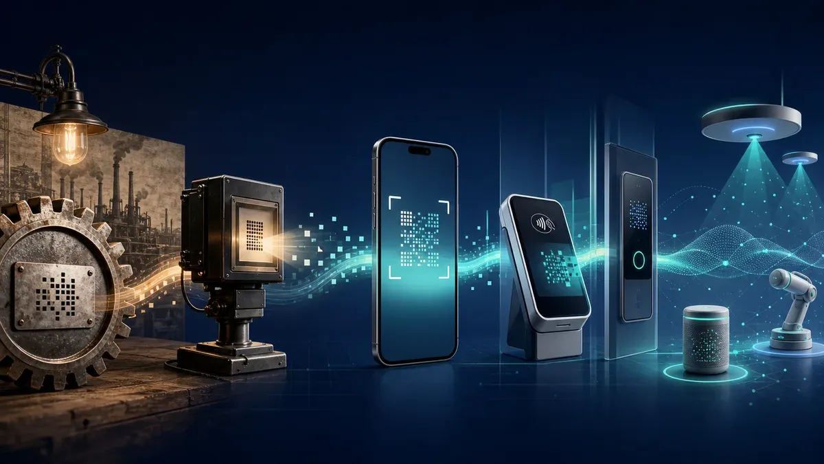 Timeline graphic showing the evolution of QR code technology from 1994 to the present