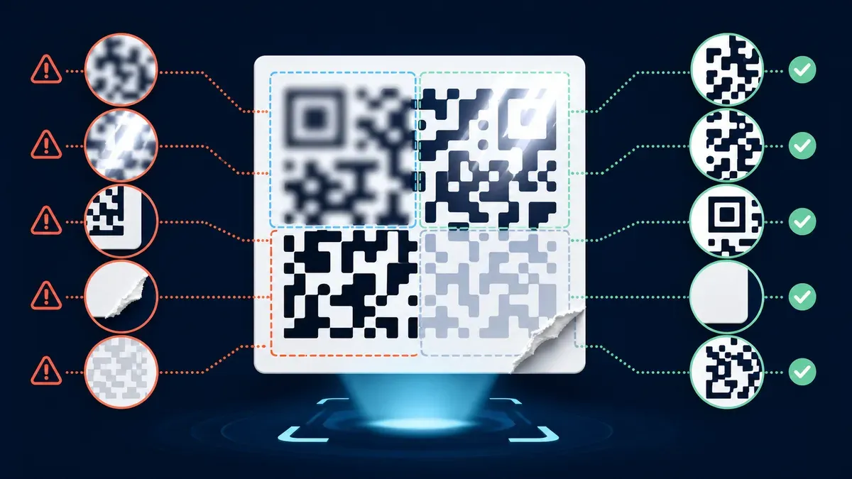 A damaged QR-style symbol being improved through focus, lighting, and alignment