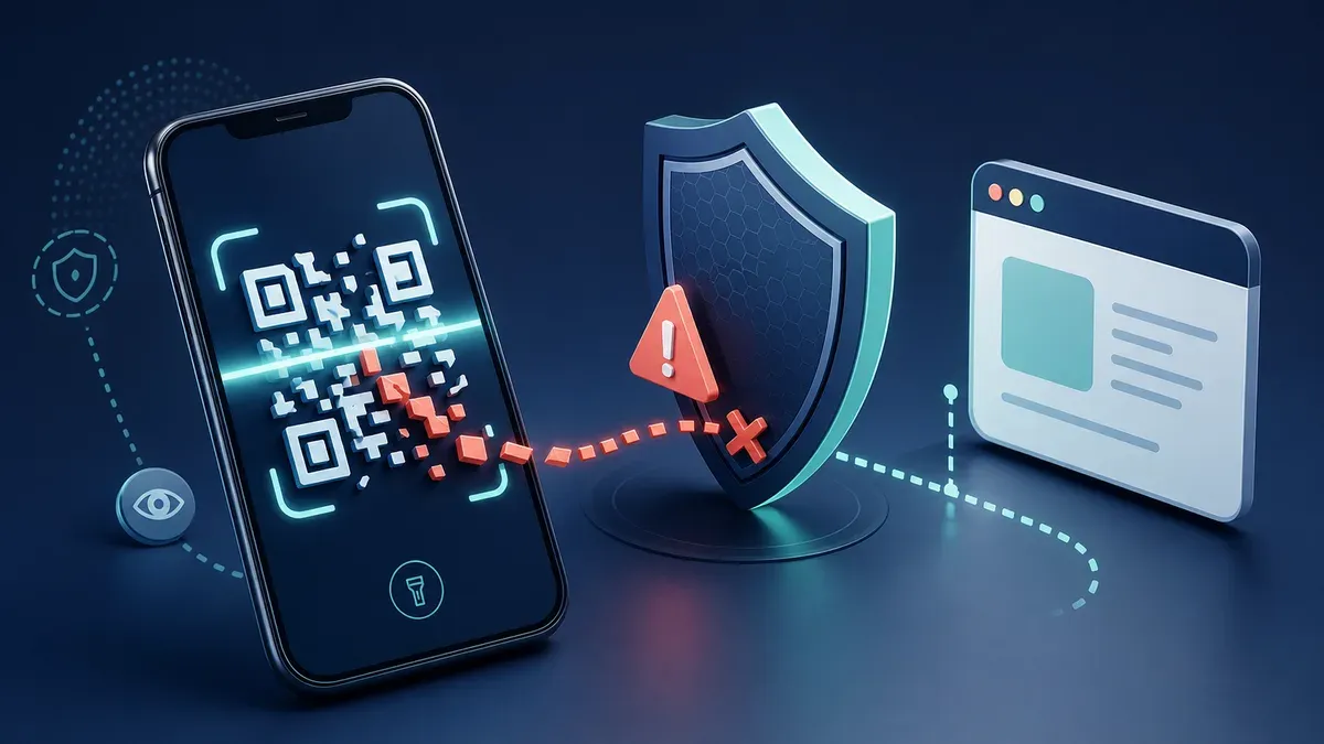 Warning icon overlaid on a QR code representing security threat