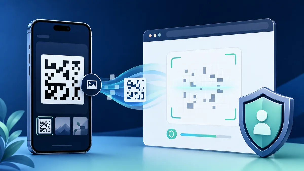 A phone screenshot being placed into a private browser-based QR scanner