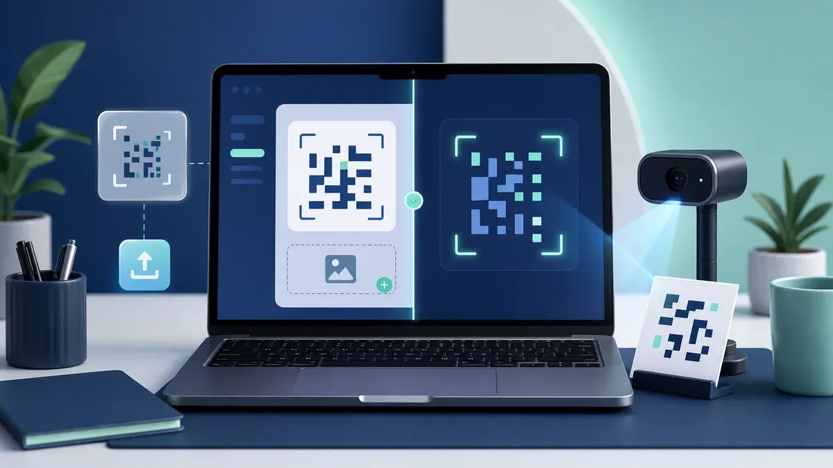 A laptop using image upload and webcam options to scan a QR code